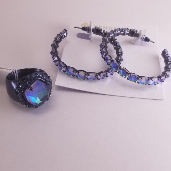 NWT Indigo Dichroic Navy Gunmetal Earrings & Ring